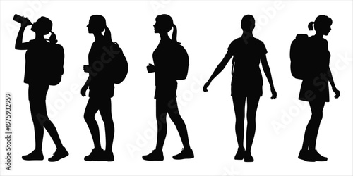 Group of Female Hikers with Backpacks in Silhouette Poses on White Background backpacker woman