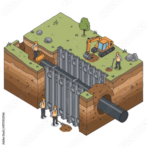 Construction workers installing a large pipe in a deep trench with heavy machinery.