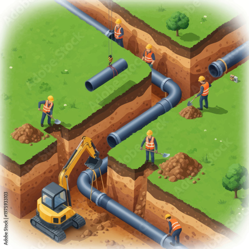 Construction workers installing large pipes underground with heavy machinery.