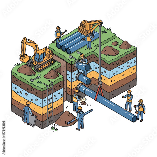 Construction workers installing large underground pipes with excavators.