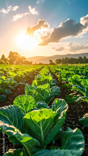 Sunny morning field of cabbages with sunlit leaves and distant mountains
