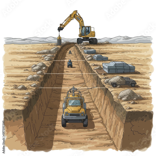 Construction workers operating heavy machinery in a deep trench excavation site.