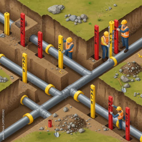 Construction workers installing underground pipelines in a trench.