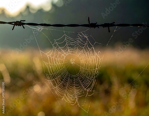 Dew-kissed spiderweb on barbed wire gleams in golden morning sunlight over blurry grass; a tranquil, rustic scene