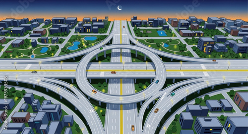 Aerial View of a Complex Highway Interchange at Night.