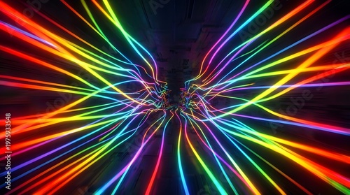Vibrant colorful light streaks flow through a dark abstract tunnel conveying energy and speed
