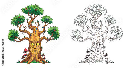 Enchanted Forest Tree Spirit with Friendly Face, Glowing Eyes, Mushrooms and Flowers, Set of Colored Illustration and Black and White Line Art for Kids Coloring Page Activities