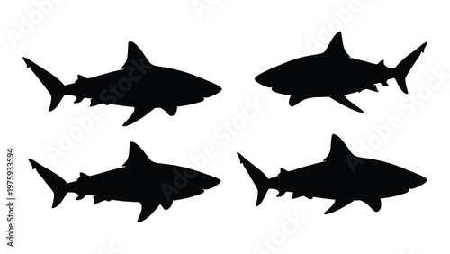 Four black silhouettes of sharks swimming in different orientations high quality