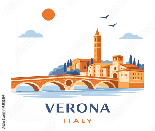 Verona Italy Landmark Illustration with Ponte Pietra and Historic City Editable