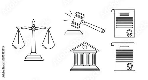 Legal icons set with scales of justice and judge gavel, law firm symbols in thin line style, courthouse and legal document vector elements
