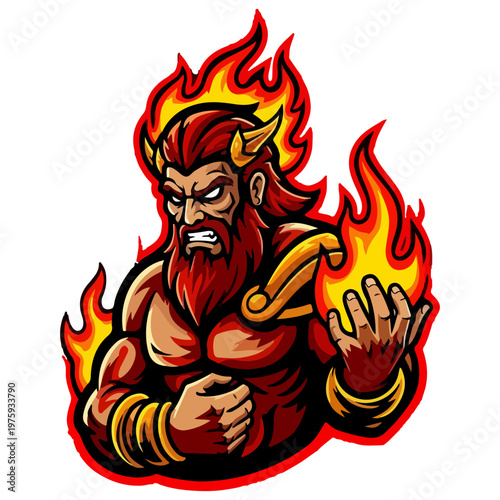 Powerful fire god mascot logo with flames for esports team