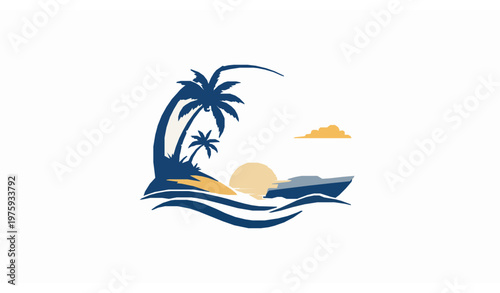 Luxury Tropical Travel Logo with Palm Island Yacht Wave Sunset and Bird for Exotic Tourism Branding