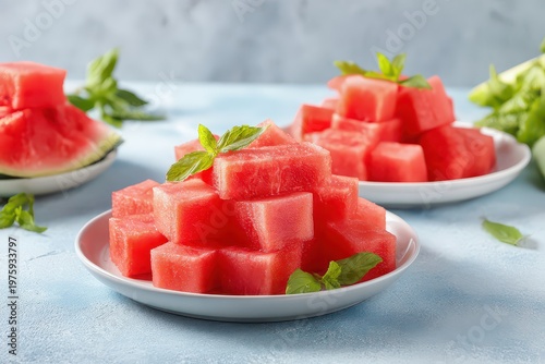 Freshly Cut Watermelon Cubes Sprinkled With Sugar And Garnished With Mint Leaves On Plates With Light Blue Textured Background