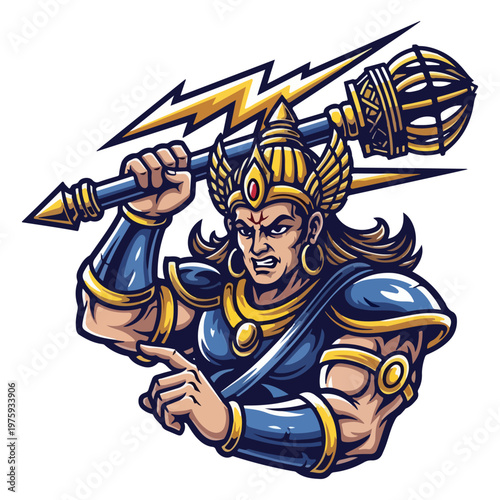 Ancient warrior mascot character with lightning bolt and golden armor