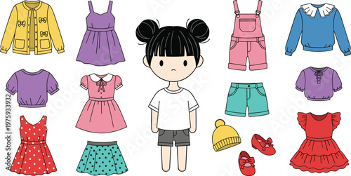 Cute Paper Doll Character Vector Set with Various Outfits Including Dresses Skirts Overalls and Accessories for Creative DIY Dress Up GamesCute Paper Doll Character Vector Set with Various Outfits Inc