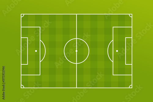 Top view football pitch with green grass and striped mowing pattern. Standard soccer field layout in vector style, accurate markings, midfield circle, penalty areas, goals and sidelines.