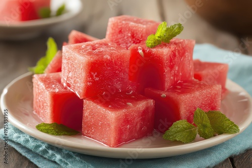 Freshly Cut Juicy Red Watermelon Cubes Garnished With Mint Leaves on a White Plate with a Teal Napkin and Rustic Wooden Background