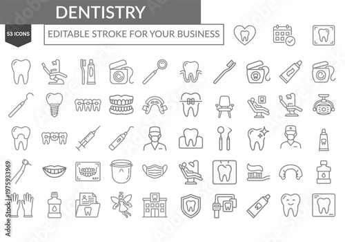 Dentistry Line Icons Set – Editable Stroke Dental Care, Oral Hygiene & Clinic Outline Symbols