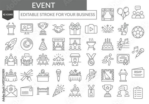 Event Line Icons Set – Editable Stroke Celebration, Conference & Entertainment Outline Symbols