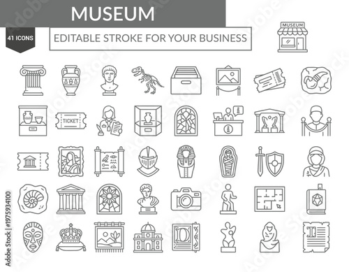 Museum Line Icons Set – Editable Stroke History, Art Gallery & Cultural Heritage Outline Symbols