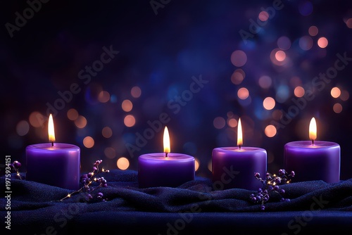 Four Purple Advent Candles With Glittering Lights And Dark Bokeh Background In Warm Glow And Soft Focus Atmosphere For Christmas Season
