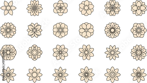 Collection of twenty four stylized light peach colored flower with black outlines floral bloom petal