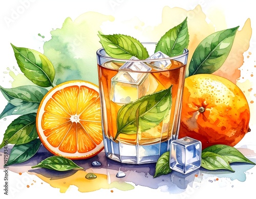 Watercolor illustration of iced orange cocktail with fruit and leaves