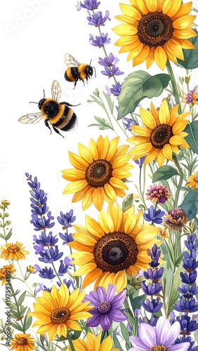 Watercolor illustration of sunflowers, lavender, wildflowers, and bees