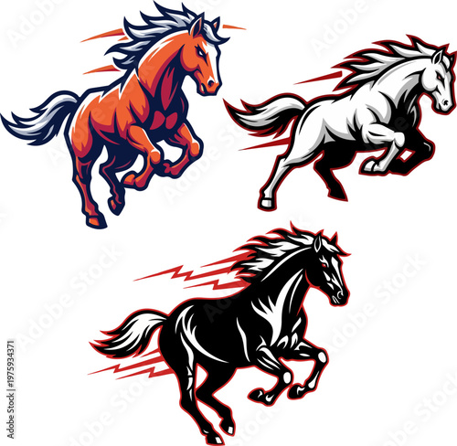 Running horse mascot logo set for sports and esports team