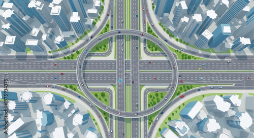 Aerial View of a Complex Highway Interchange in a Modern City.