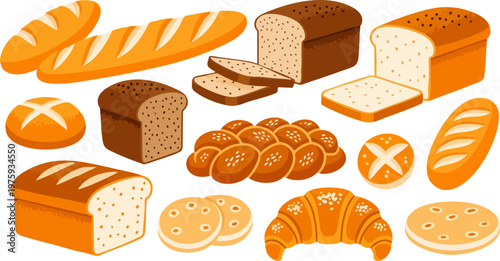 Bakery bread collection vector set, assorted fresh loaf and baguette icons, rustic sourdough and golden croissant illustrations for menu design