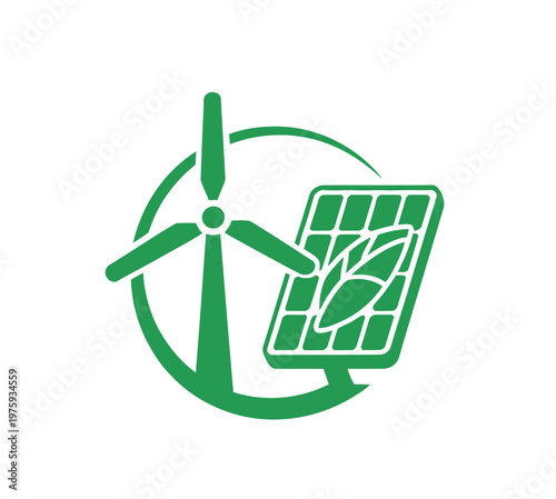 Green solar panel logo symbol, flat vector illustration representing renewable energy, sustainability, and eco-friendly power solutions for business and environmental projects.