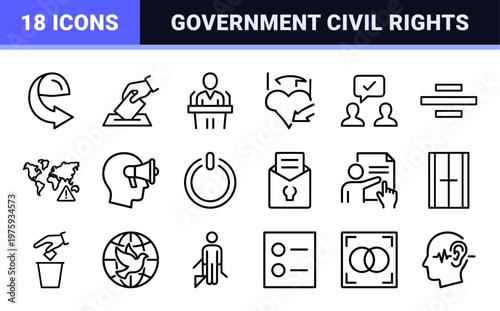 Democracy and election line icons set for voting and government.