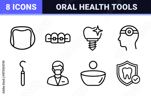 Dental care and stomatology outline icon set for oral health and dentistry