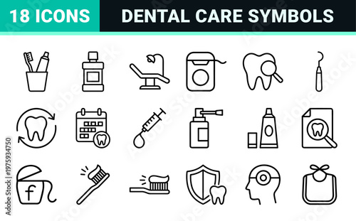Dental care and stomatology linear icons set