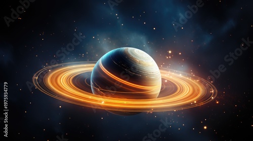 Planet saturn in space realistic illustration. Planet saturn close up. Saturn poster, print, 3D wallpaper, painting, art. Fire rings of Saturn.