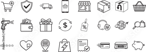 Shopping and e-commerce thin line icon set with online store, cart and retail vector symbols.
