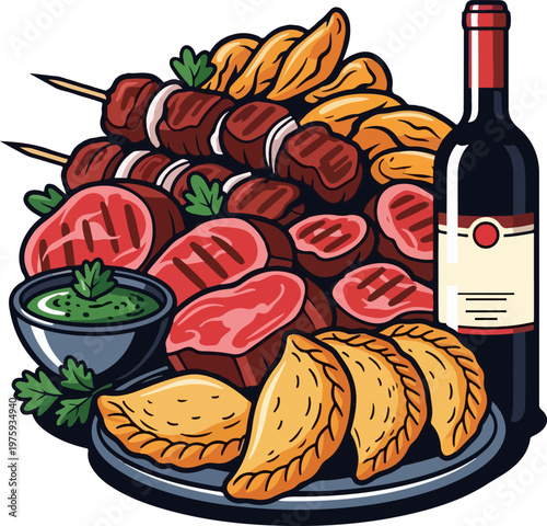BBQ platter with grilled meat skewers empanadas and red wine