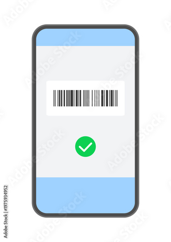 バーコードとチェックマークを表示したスマートフォンのイラスト - シンプルなコード決済のイメージ素材