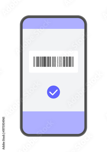 バーコードとチェックマークを表示したスマートフォンのイラスト - シンプルなコード決済のイメージ素材
