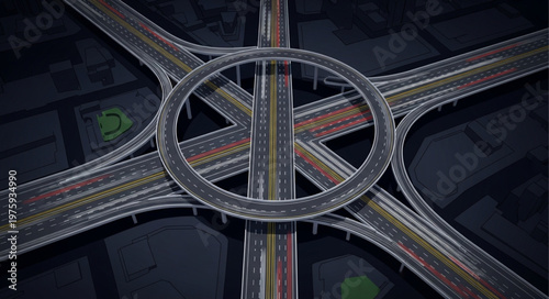 Aerial View of a Complex Highway Interchange with a Circular Overpass.