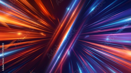 Dynamic streaks of vibrant orange and blue light converge and diverge creating a sense of speed and energy