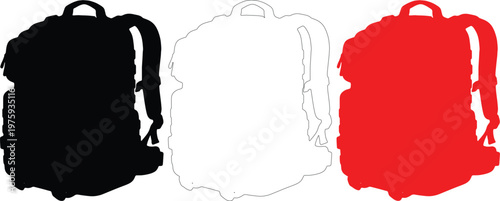 Set of Three Padded Hiking Backpack Vector Silhouettes and Outlines