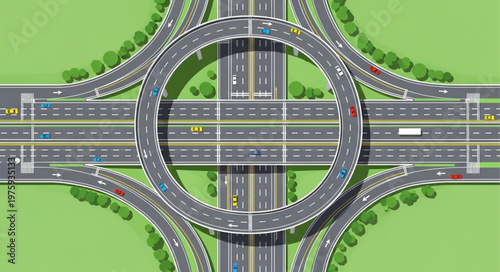Aerial View of a Complex Highway Interchange with Circular Overpass.
