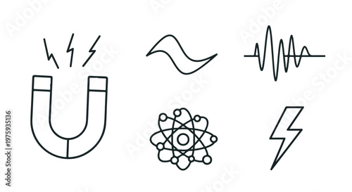 Minimalist physics line icons set, horseshoe magnet and atomic structure symbols, electric lightning bolt and frequency wave vector illustrations