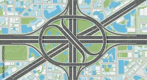 Aerial View of a Complex Highway Interchange with Circular Design.