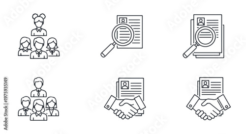 Human resources line icon set, recruitment and hiring process symbols, business team and resume cv icons, 6 professional vector elements