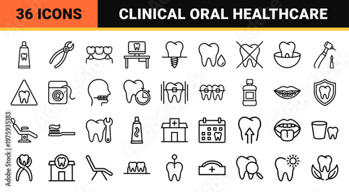 Outline dentistry and oral healthcare graphic elements layout.