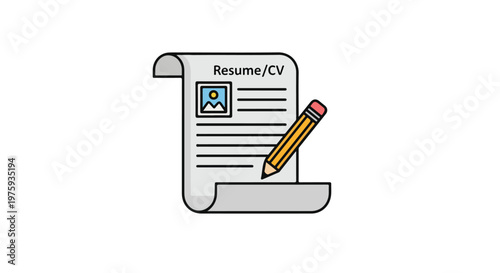 Professional resume CV document with pencil, job application paper with profile photo, career curriculum vitae vector icon for recruitment