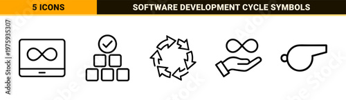 Devops and agile scrum outline icons for project management and software development workflow.